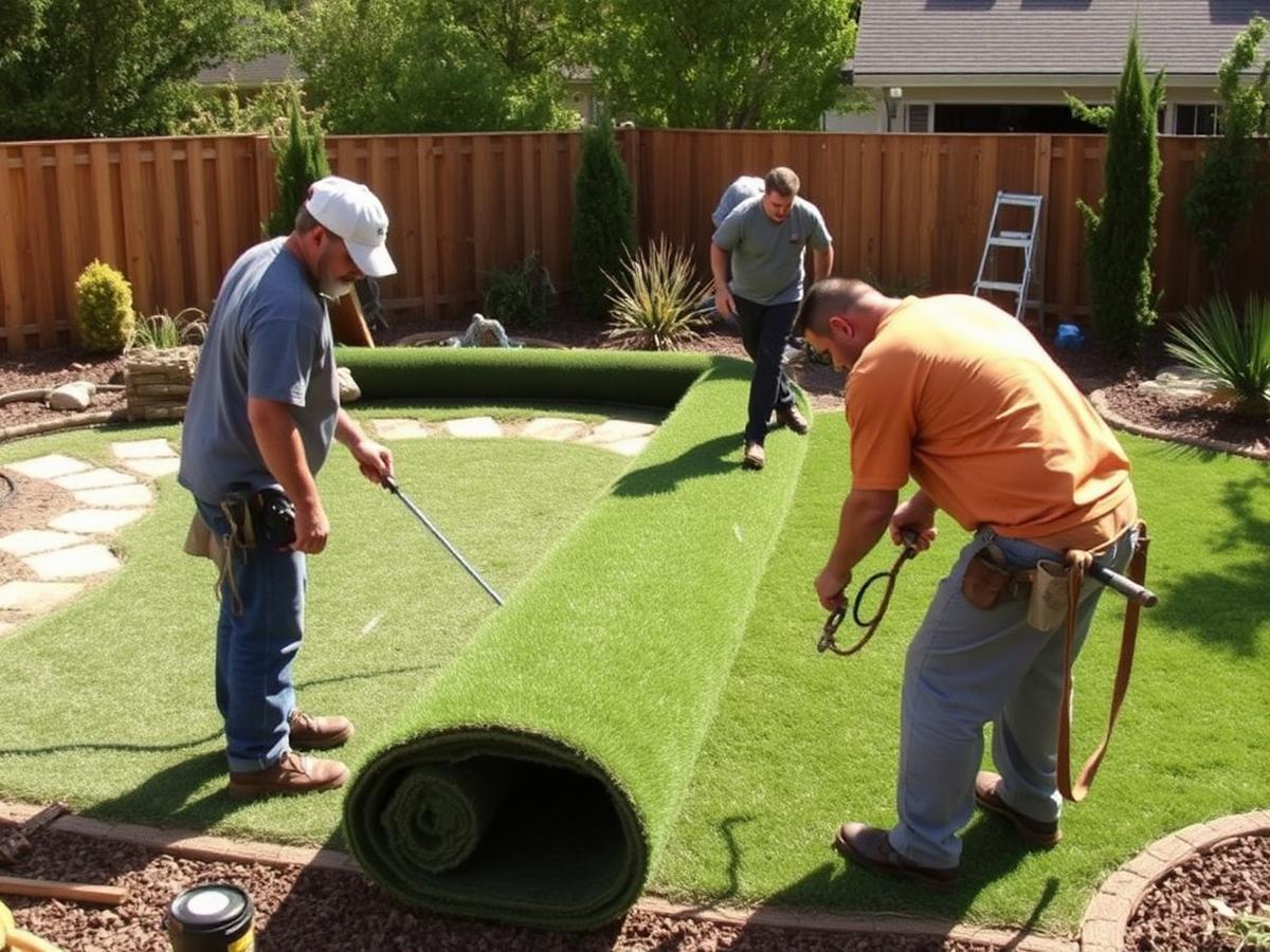 Installation crew laying artificial turf